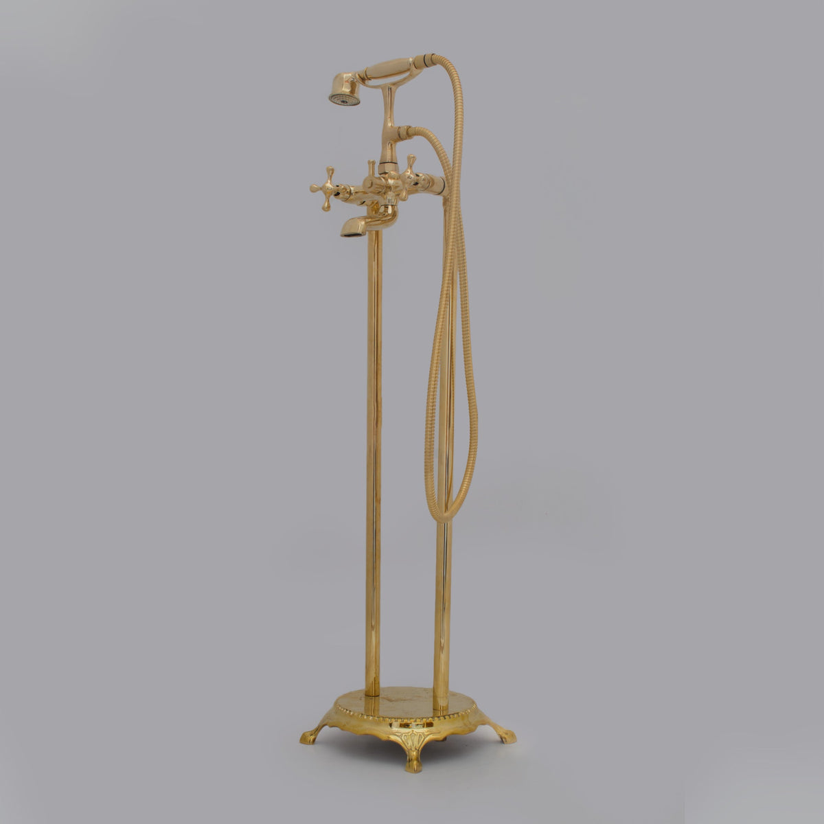 Unlacquered Brass Freestanding Tub Filler, Solid Brass Tub Faucet With Handheld, Floor Mount Bathtub Faucet - Insideast