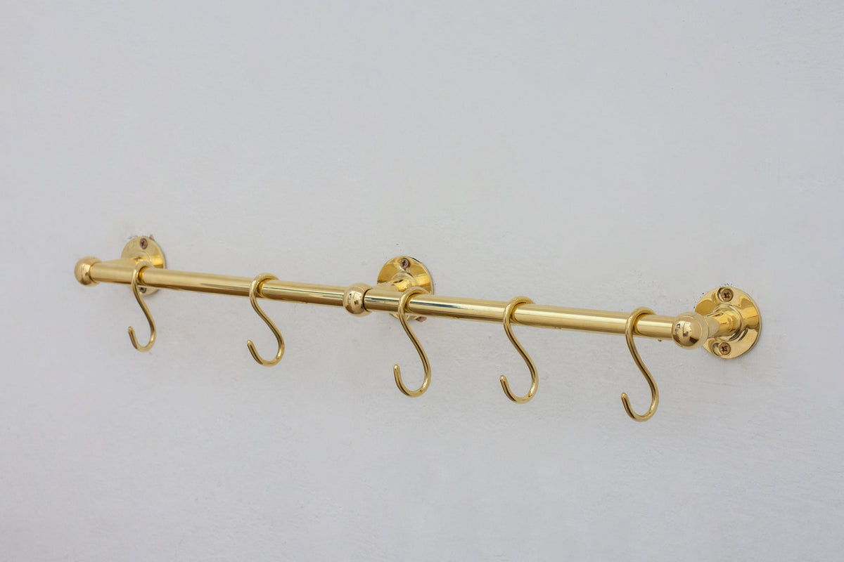 Unlacquered Brass Kitchen Rods, Pot Rail With S Hooks, Pan Rack organizer, Wall Mounted Brass Kitchen Rod with Hooks - Insideast
