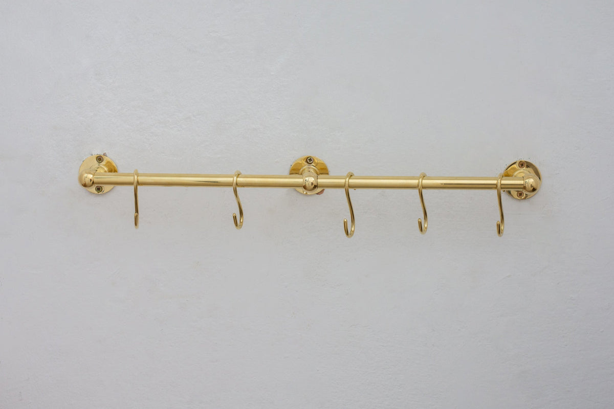 Unlacquered Brass Kitchen Rods, Pot Rail With S Hooks, Pan Rack organizer, Wall Mounted Brass Kitchen Rod with Hooks - Insideast
