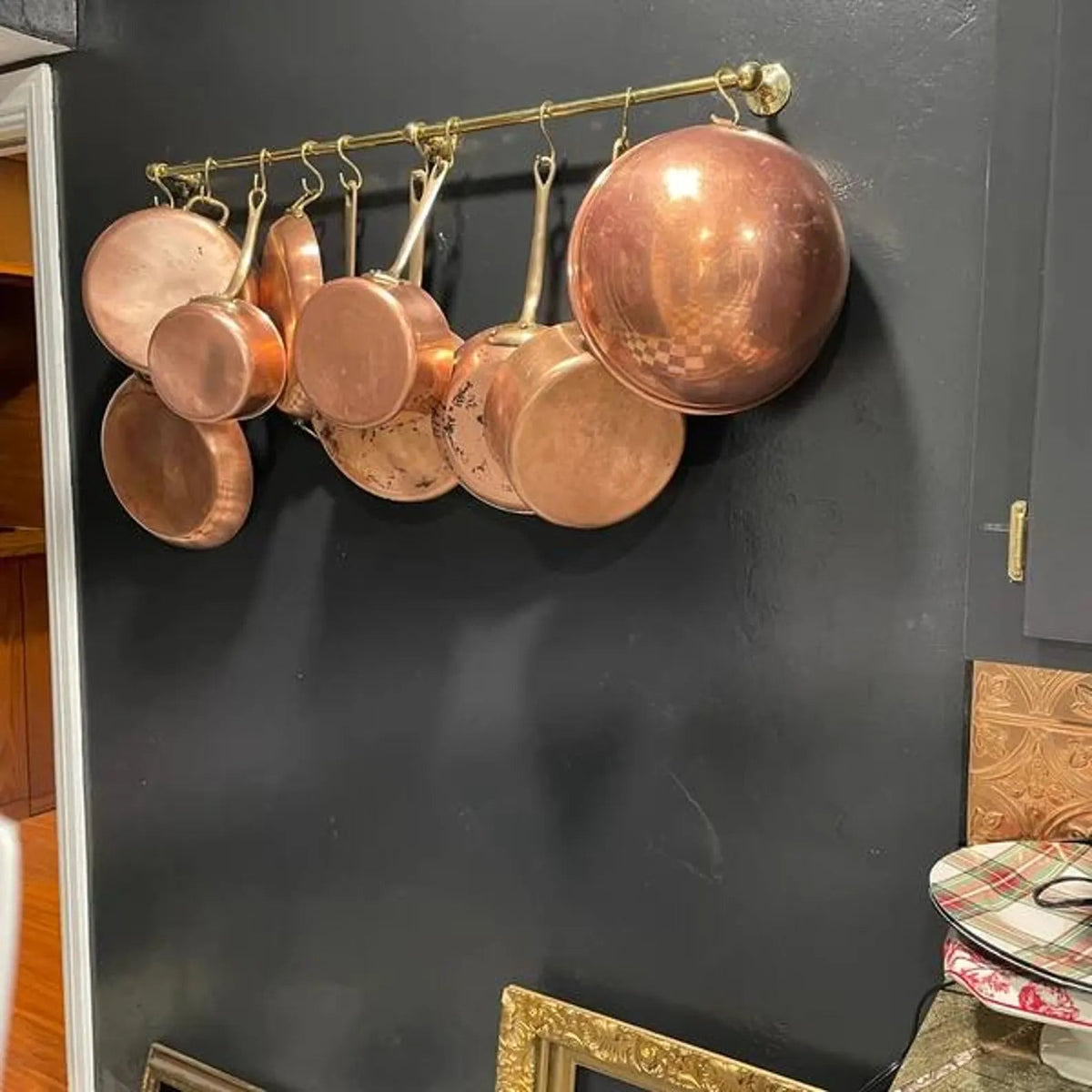 Unlacquered Brass Kitchen Rods, Pot Rail With S Hooks, Pan Rack organizer, Wall Mounted Brass Kitchen Rod with Hooks - Insideast