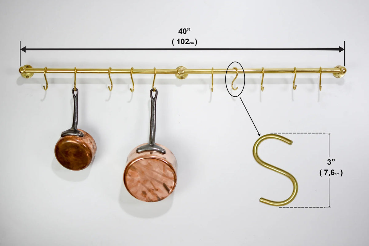 Unlacquered Brass Kitchen Rods, Pot Rail With S Hooks, Pan Rack organizer, Wall Mounted Brass Kitchen Rod with Hooks - Insideast
