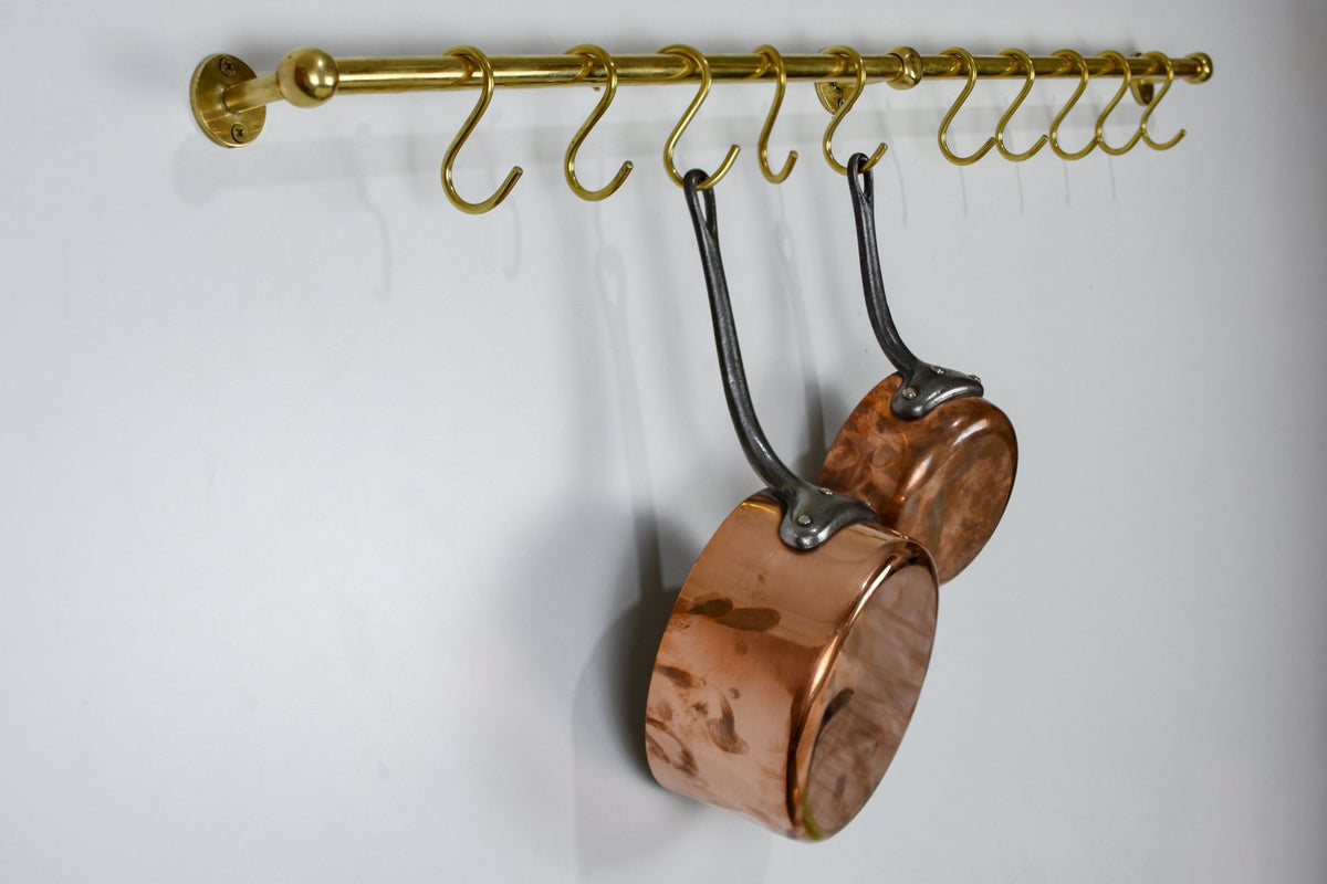 Unlacquered Brass Kitchen Rods, Pot Rail With S Hooks, Pan Rack organizer, Wall Mounted Brass Kitchen Rod with Hooks - Insideast
