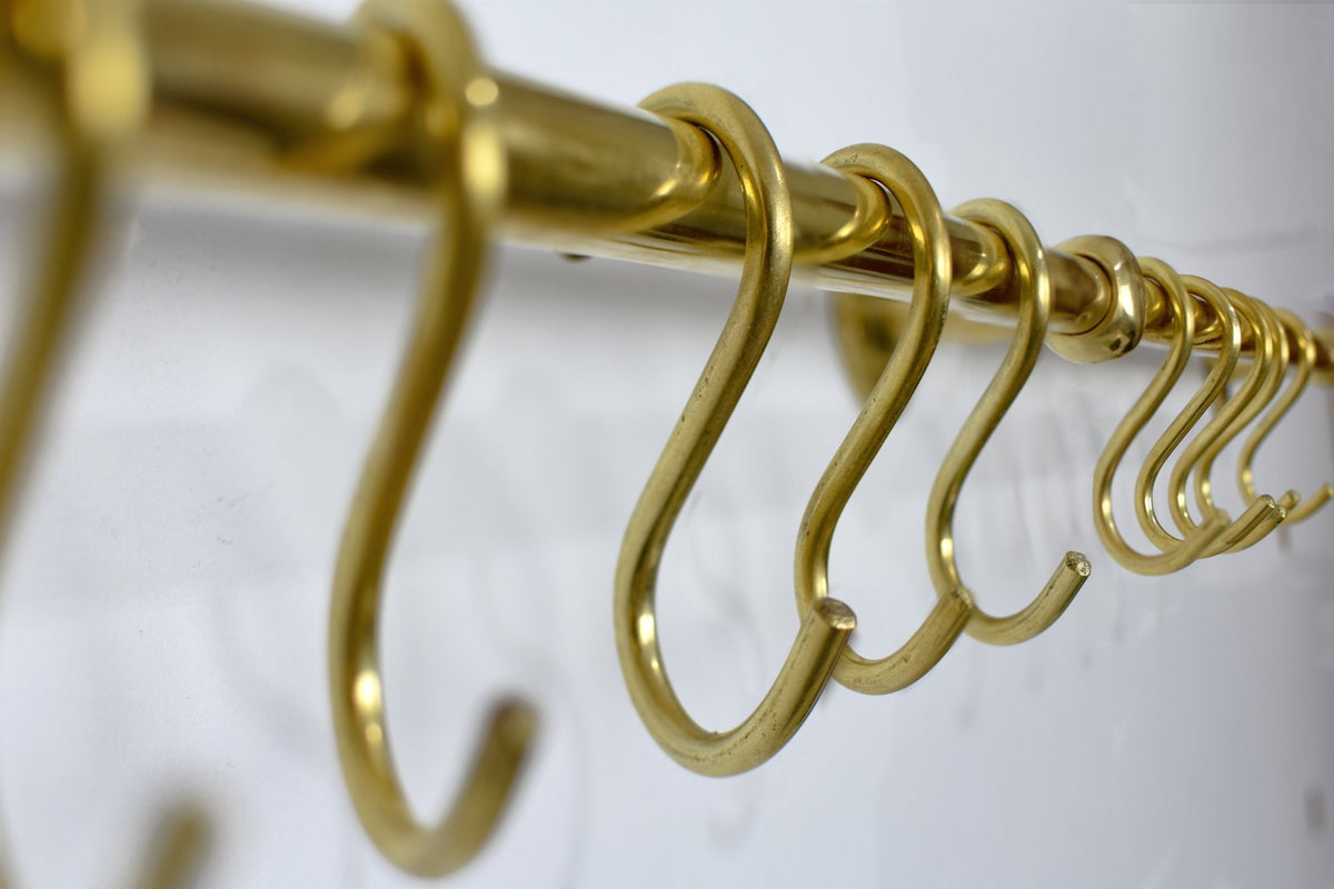 Unlacquered Brass Kitchen Rods, Pot Rail With S Hooks, Pan Rack organizer, Wall Mounted Brass Kitchen Rod with Hooks - Insideast