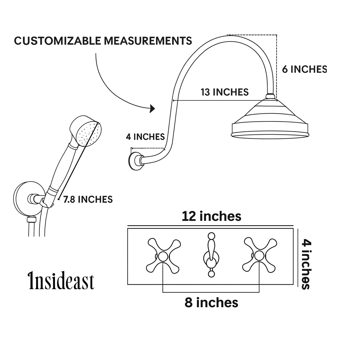 Unlacquered Brass Shower System – Built - In Showerhead with Handheld – Concealed Wall Shower Set - Insideast