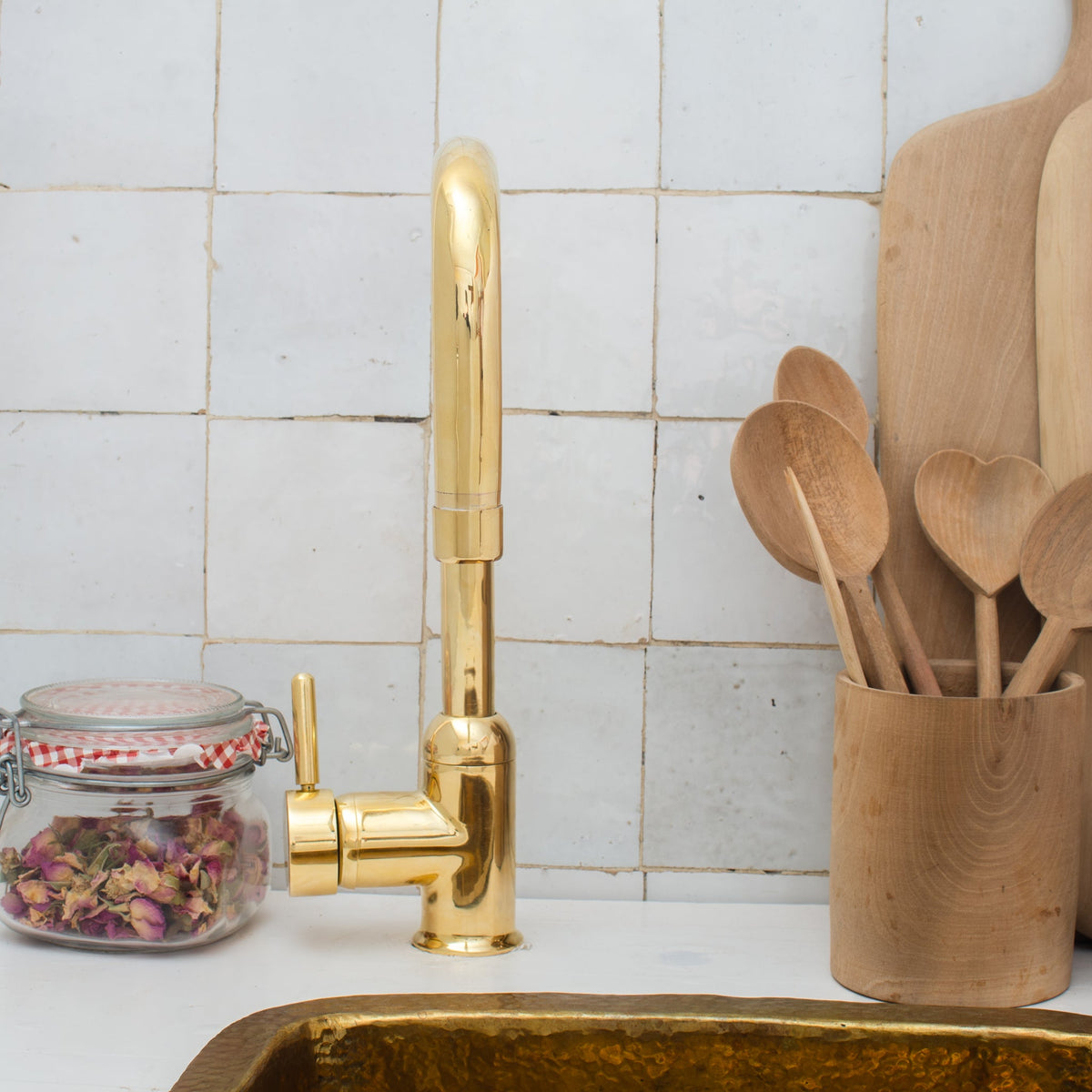 Unlacquered Brass Single Hole Kitchen Mixer Tap, Brass Single Handle Island Faucet - Insideast