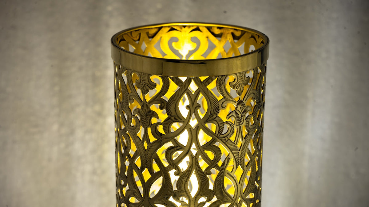 Unlacquered Brass Table Light, Pierced Bedside Lamp, Brass Cylinder Base Lamp - Insideast