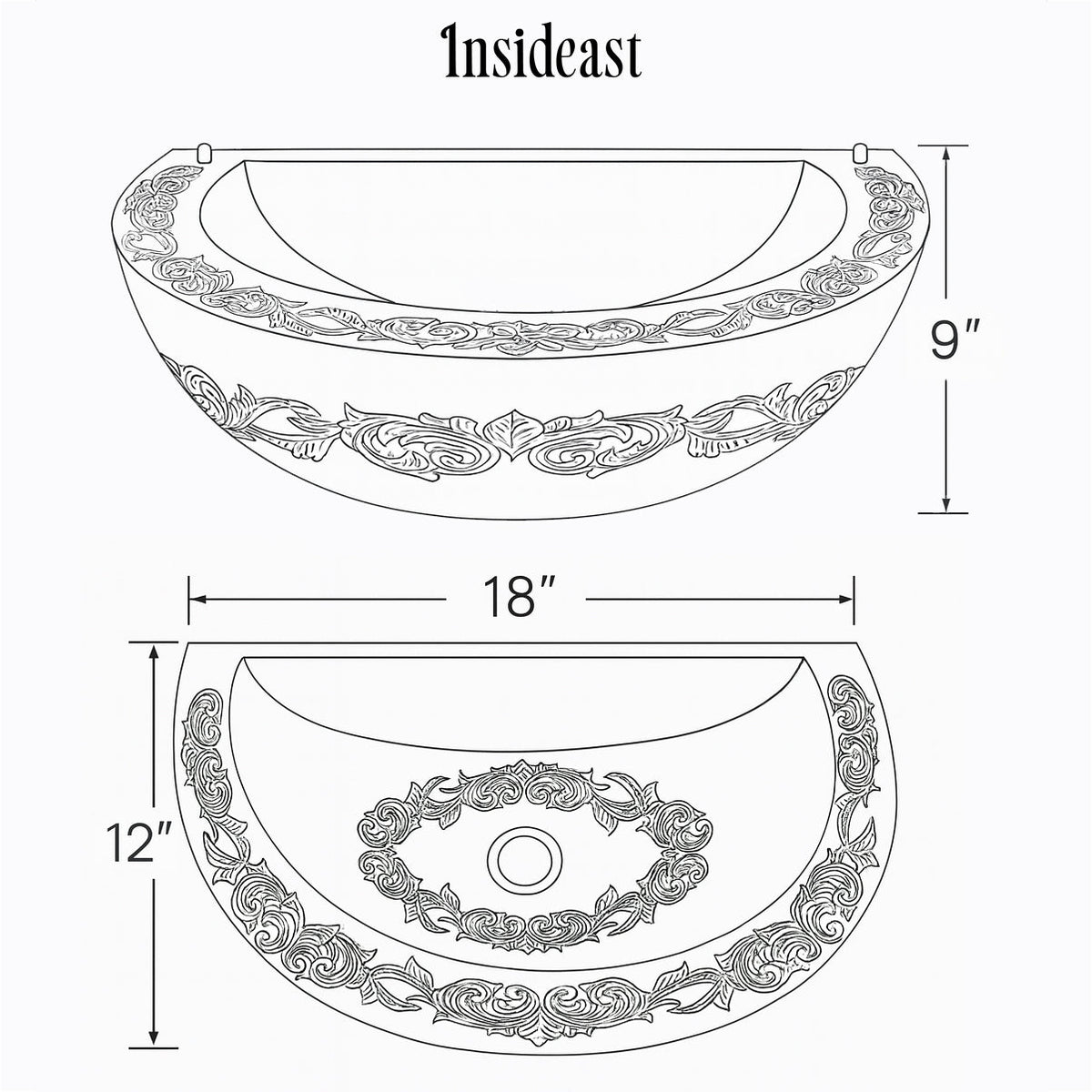 Unlacquered Brass Wall Hung Basin, Engraved Wall - Mounted Bathroom Sink - Insideast