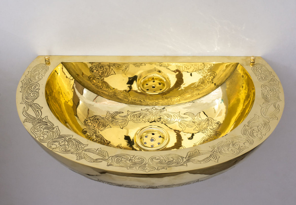 Unlacquered Brass Wall Hung Basin, Engraved Wall - Mounted Bathroom Sink - Insideast