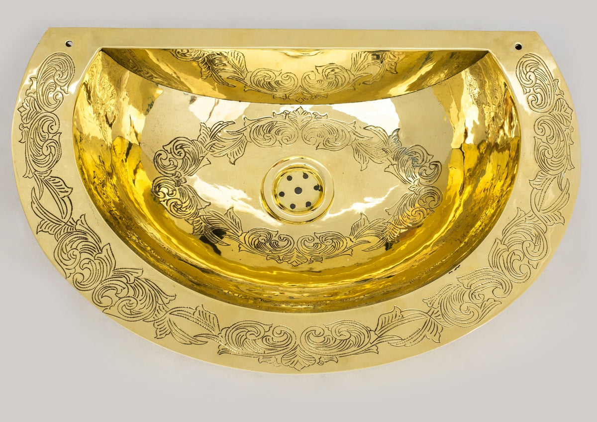 Unlacquered Brass Wall Hung Basin, Engraved Wall - Mounted Bathroom Sink - Insideast