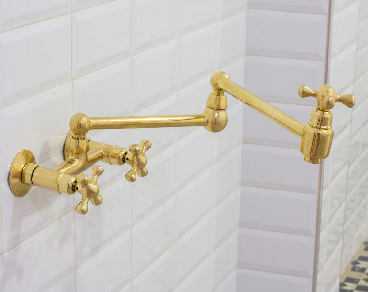 Unlacquered Brass Wall Mount Faucet, Brass Kitchen Faucet, Dual Handle Faucet - Insideast