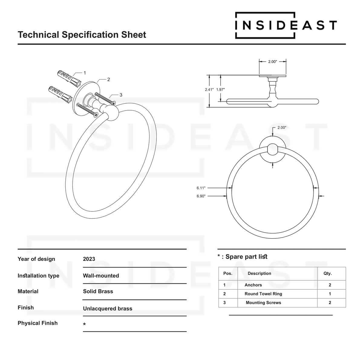 Unlacquered Brass Wall - Mounted Towel Ring Holder, Face Towel Hanger - Insideast