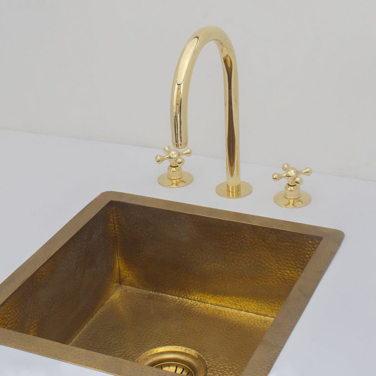 Unlacquered Brass Widespread Kitchen Faucet, Solid Brass 3 - Holes Deck Mount Faucet, Simple Cross Handles - Insideast