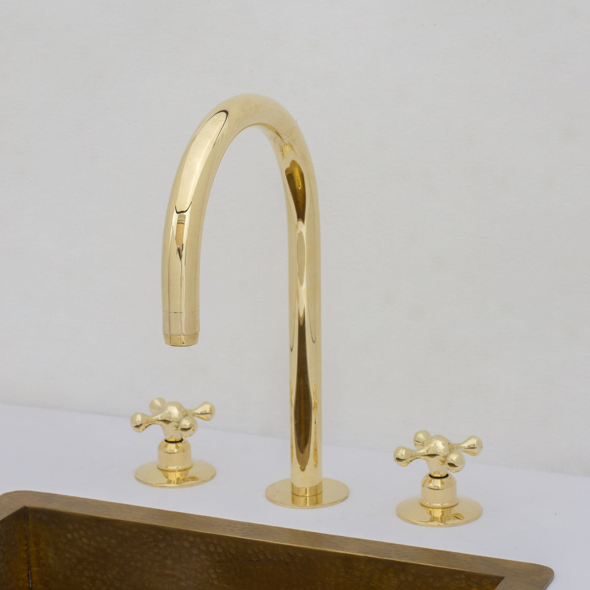 Unlacquered Brass Widespread Kitchen Faucet, Solid Brass 3 - Holes Deck Mount Faucet, Simple Cross Handles - Insideast