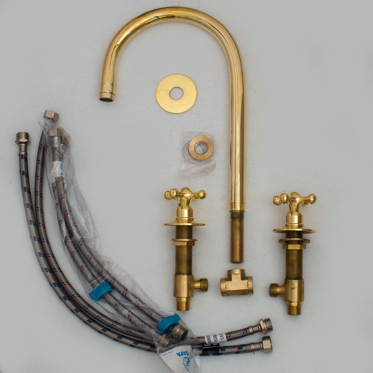 Unlacquered Brass Widespread Kitchen Faucet, Solid Brass 3 - Holes Deck Mount Faucet, Simple Cross Handles - Insideast