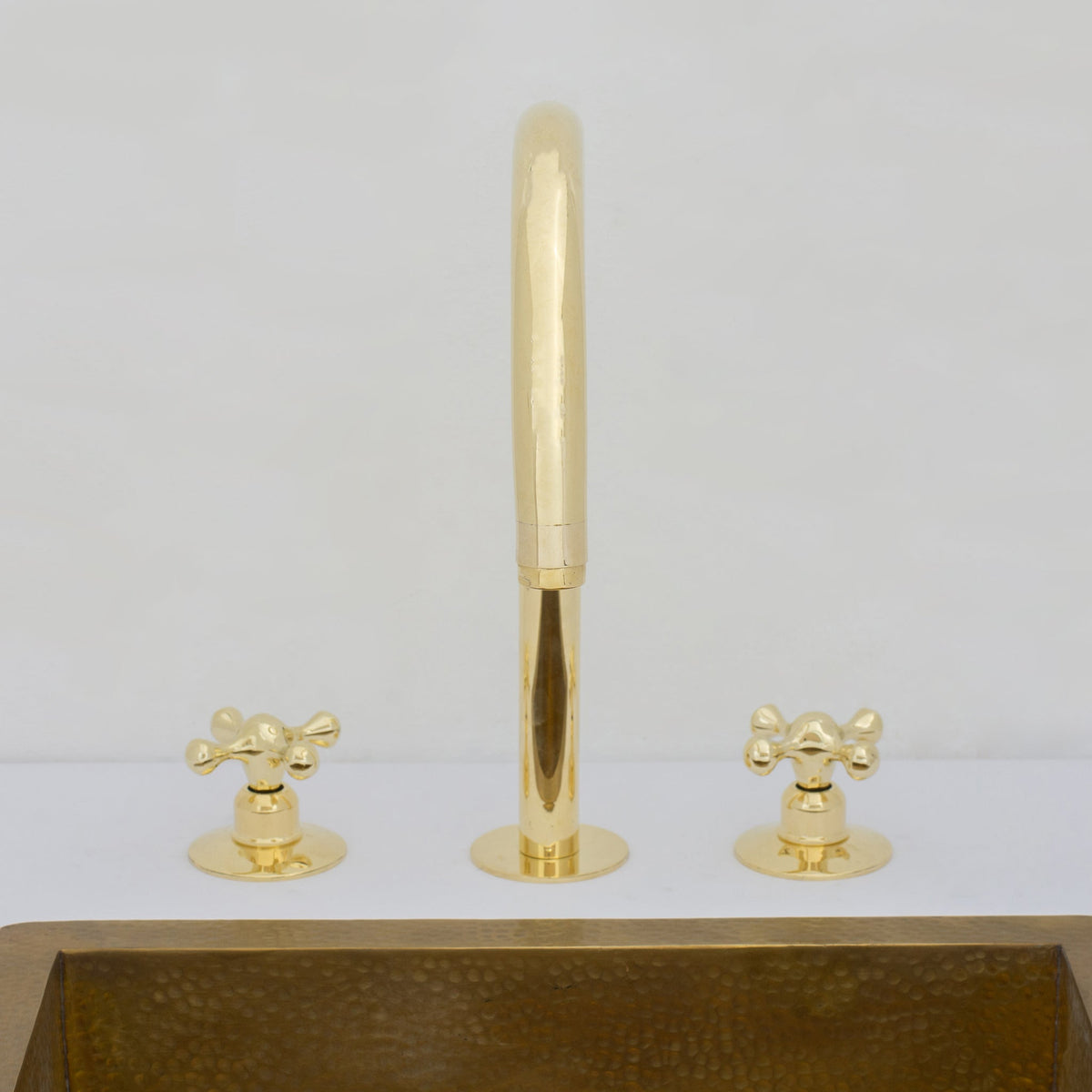 Unlacquered Brass Widespread Kitchen Faucet, Solid Brass 3 - Holes Deck Mount Faucet, Simple Cross Handles - Insideast