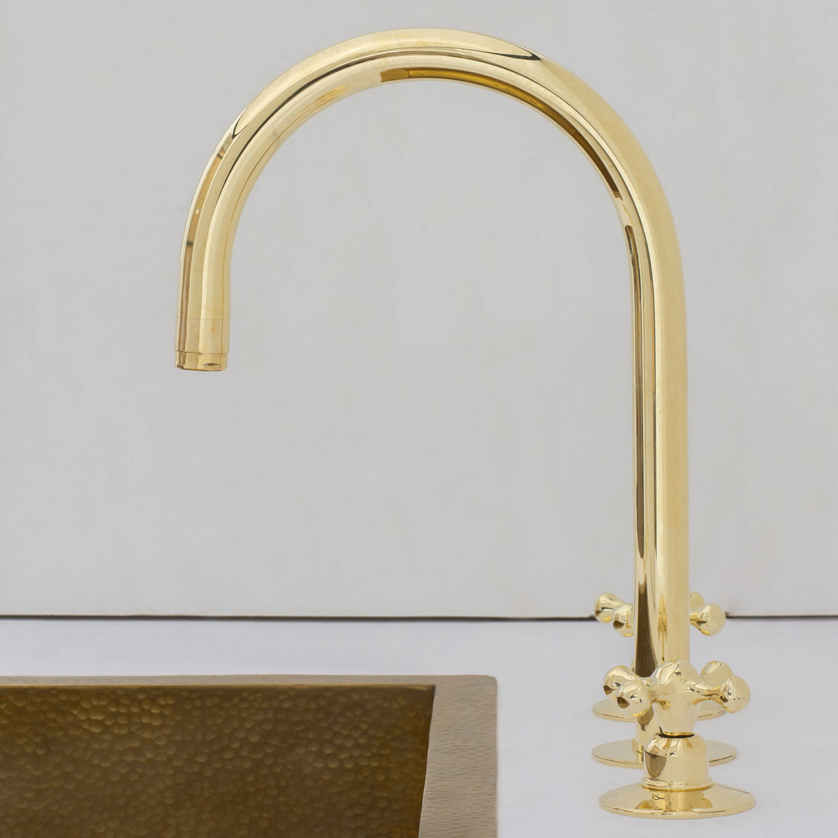 Unlacquered Brass Widespread Kitchen Faucet, Solid Brass 3 - Holes Deck Mount Faucet, Simple Cross Handles - Insideast