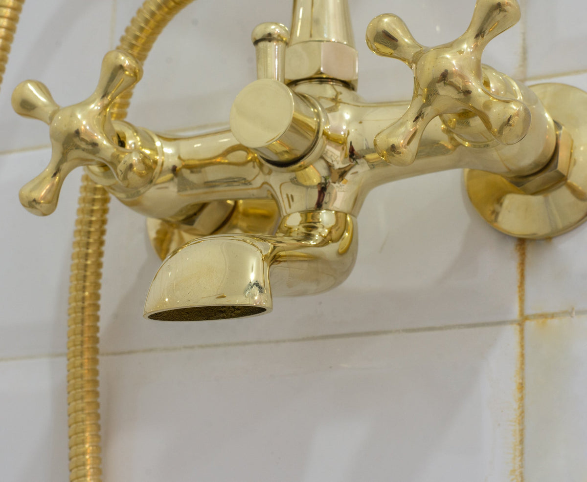 Unlacquered Solid Brass Telephone Tub Filler with Handheld - Insideast