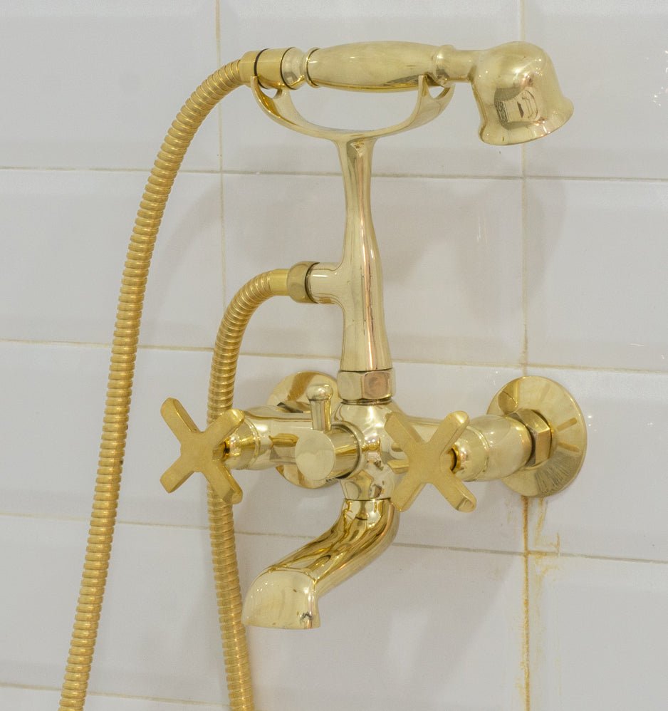 Unlacquered Solid Brass Telephone Tub Filler with Handheld - Insideast